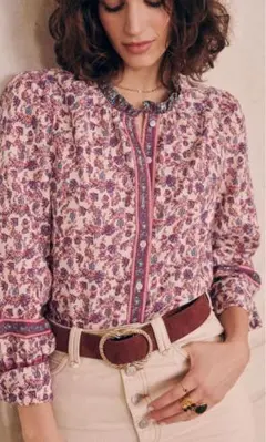 SEZANE セザンヌ　総レースブラウス　コットン　フリル　花柄　スタンドカラー SEZANE セザンヌ 総レースブラウス コットン フリル 花柄