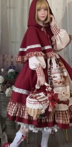 赤ずきんロリータワンピース Lサイズ ケープ パニエ付