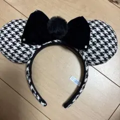 ミッキー耳カチューシャ 白黒ハウンドトゥース