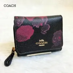 美品✨ コーチ 三つ折り 財布 ハーフトーンフローラル プリント レザー 黒 紫