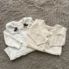 ミニーマウス刺繍付きロンパースキルティングジャンバースカートポコポコカーディガン