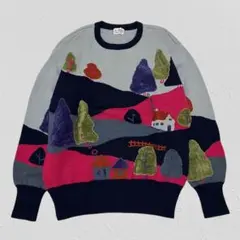 ヴィンテージ　昭和レトロ　ウール100％クルーネックニット　セーター　アート柄