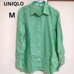 UNIQLO ユニクロ 長袖ストライプシャツ グリーン コットン100% Mのサムネイル