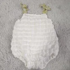 プティマイン petit main ぽこぽこサロペット ホワイト 花柄リボン