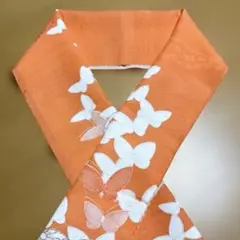 半衿/半襟　蝶と花模様・地模様／赤みのオレンジ　着物リメイク　ハンドメイド