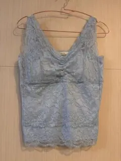 新品Shelney レースキャミソール ライトブルーM綿混素材.贅沢な総レース