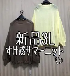 新品☆3L♪イエロー×モカ系♪すけ感シアーのサマーニット2枚セット♪☆x464