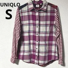 ユニクロ　ネルシャツ　チェックシャツ　ピンク系　襟付きシャツ　フランネルシャツS