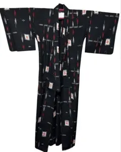 ウール アンサンブル 着物 羽織 セット 黒地 幾何学柄 モダン