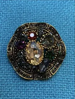✨ヴィンテージ調 ブローチ マルチカラーストーン アール・デコ調 重厚