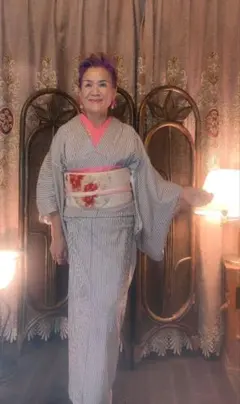 【千寿】アンティーク 【商品番❦0061❦】白地に黒の縞柄単衣フルセット