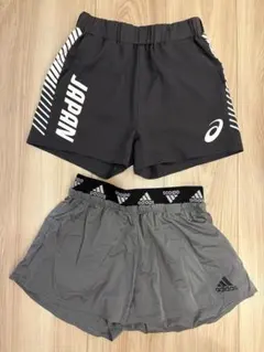 asics オリンピック公式 黒ショーツ & adidas グレーショーツセット