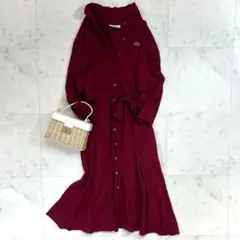 美品 ラコステ 鹿の子地ドレス ボルドー 七分袖 定価2.5万 洗える ワンピ