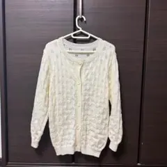 アイボリー 編み込みカーディガン手編み手作り