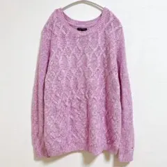 美品✨トミーヒルフィガー 【XL】ケーブル編み ニット クルーネック 桃 綿