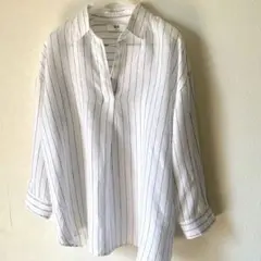 ユニクロ プレミアムリネンスキッパーストライプシャツ7 分袖）WOMEN M