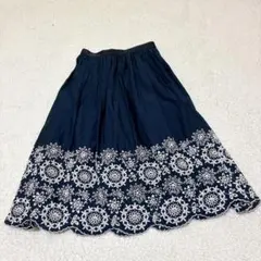 美品☆特価【ef-de】フレアスカート(M)ネイビー　裾刺繍　フェミニン