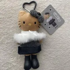 新品　ハローキティ　ぬいぐるみキーホルダー　ブラック　パール　リボン　脚長