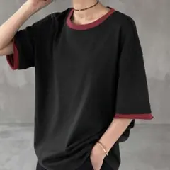 バイカラー 半袖Tシャツ ブラック×ボルドー クルーネック