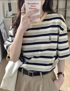 ボーダー柄 半袖Tシャツ クマ刺繍入り