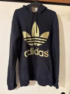 adidas ブラックパーカー 黒金　黒タグ　ゴールドロゴ　XL
