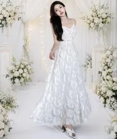 白 フェザードレス ロング 前撮り パーティ結婚式 ウエディング M 二次会