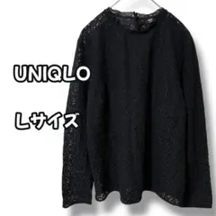 N0819　総レース長袖ブラウス　シアーデザイン　ブラック　L