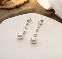 ロングパールイヤリング ノンホールイヤリングレディース韓国風上品 痛くない揺れる