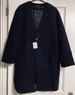 新品 ハレ HARE ノーカラー ロング コート ネイビー M