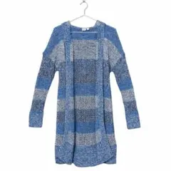 GAP ギャップ ロングカーディガン M 青系 ボーダー 透かし編み フード付き
