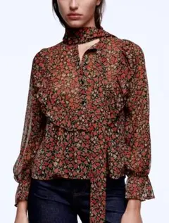 ZARA 花柄 シアーブラウス ボウタイ フリル Sのサムネイル