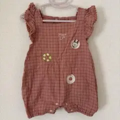 赤チェック フリル袖ロンパース　バースデイ　70am