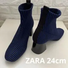 ZARA 黒/青　ストライプ　ソックスブーツ チャンキーヒール　38/24cmのサムネイル