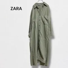 ザラ リネン混 シャツワンピース ロング丈 前開き ポケット付 スキッパー XS