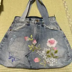 特大　花柄刺繍デニムバッグ