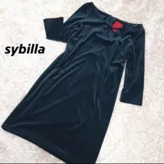 【美品】シビラ sybilla 赤タグ 7分袖ベルベットワンピース L 深緑のサムネイル