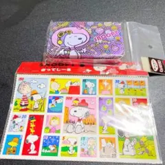 スヌーピー   文具　2点セット　缶入りメモ　切手風シール