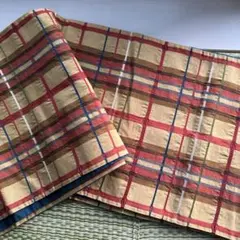 り*ん様 京袋帯 ベージュ 赤 格子柄　チェック　昼夜帯