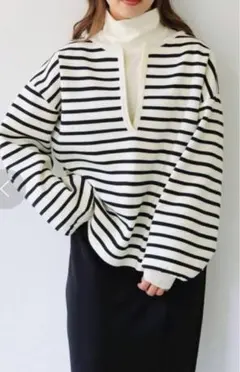 美品 She mo shelly ボーダー深キーネック ダンボールニット F