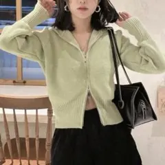 SHEIN リブニット ファスナー フード付き カーディガン ライムグリーン