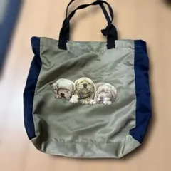トートバッグ 子犬 プリント カーキ　昭和レトロ