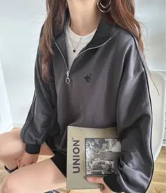 トレーナー スウェット 胸刺繍パイピングハーフジッププルオーバー