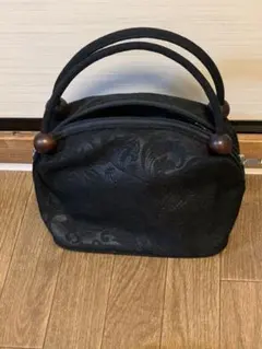 昭和の黒地花模様柄　小型手提げバッグ