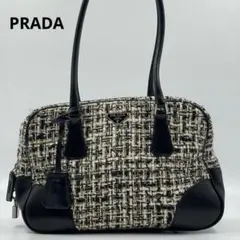 ✨極美品✨　PRADA ツイード　トートバッグ　ミニボストン　三角プレート　黒