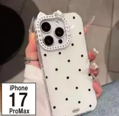 【iPhone17ProMax】かわいい キラキラ猫耳 スマホケース 水玉 白色