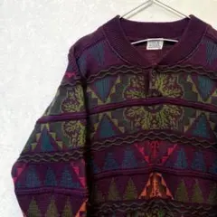 デザインニット　総柄　ヴィンテージ　レトロ　アート　奇抜　パープル　紫紺　3D