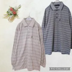 新品タグ付き メンズ長袖ポロシャツ 2枚セット ボーダー シニア 紳士服 M