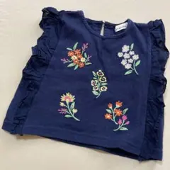 ネイビー 花柄刺繍 フリル袖 紺色トップス 90