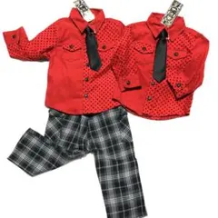 80.90サイズ　ドットレッドワイシャツと90サイズチェックグレーパンツセット