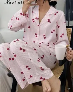 SHEIN ストライプ ピンク ハート パジャマ セットアップ 長袖 シャツのサムネイル